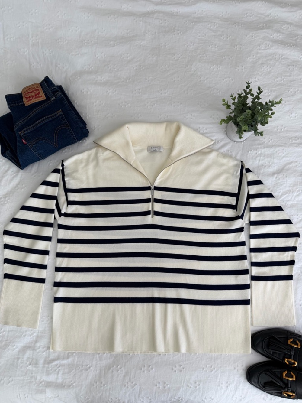 Babaton Striped Zip‑Collar Sweater – Size S